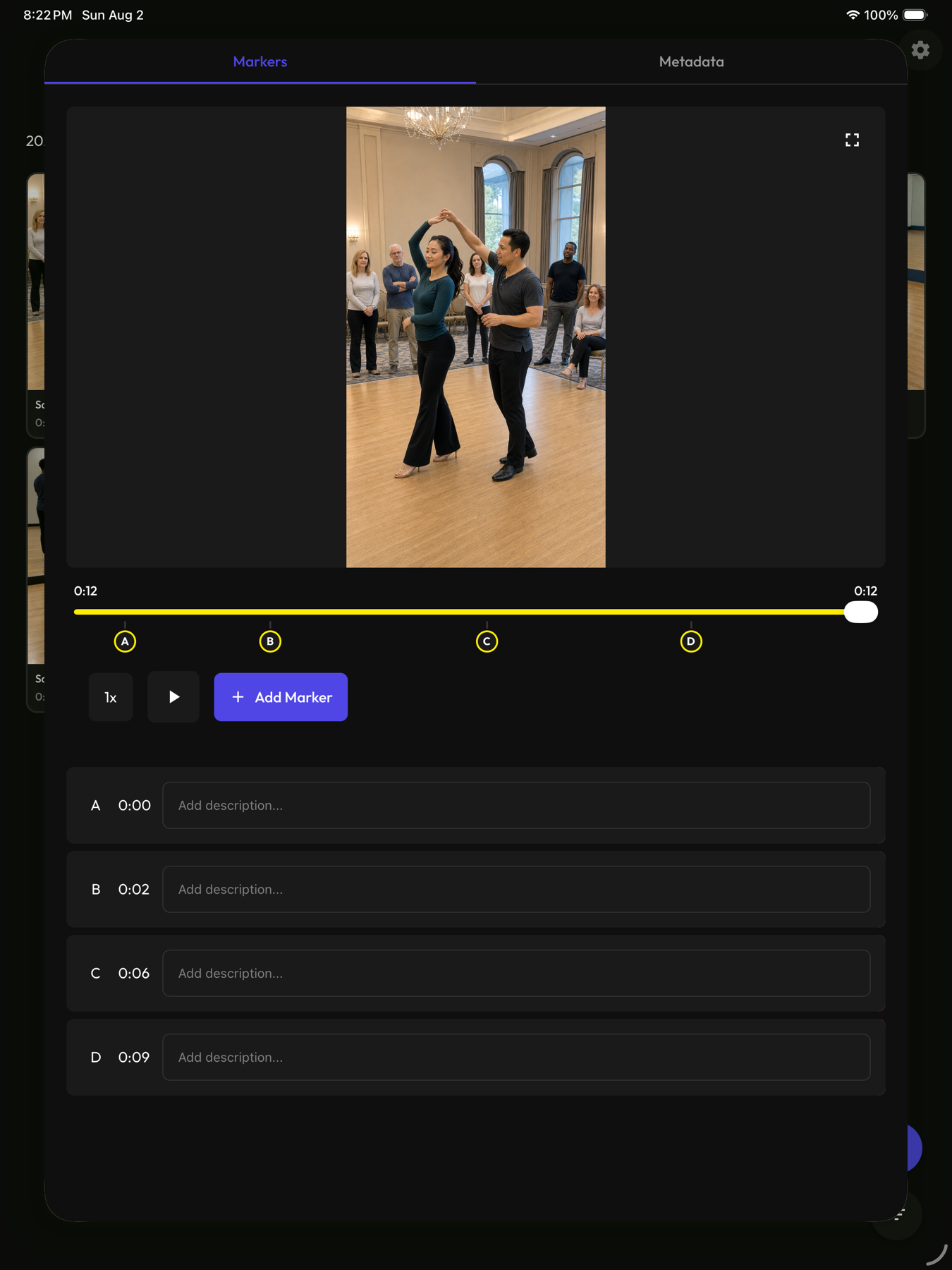 Revue marker editor with a dance lesson video and four timestamped notes on iPad
