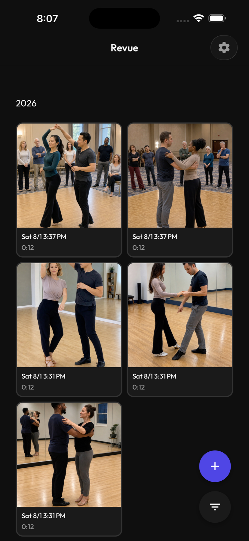 A Revue library of organized dance lesson videos on iPhone