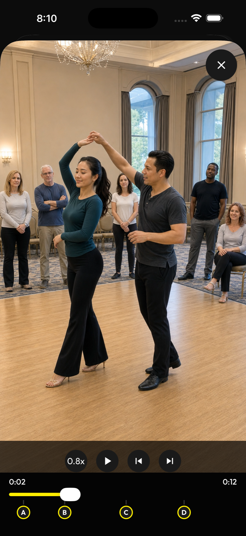 A dance lesson playing full screen in Revue with speed, playback, timeline, and marker controls